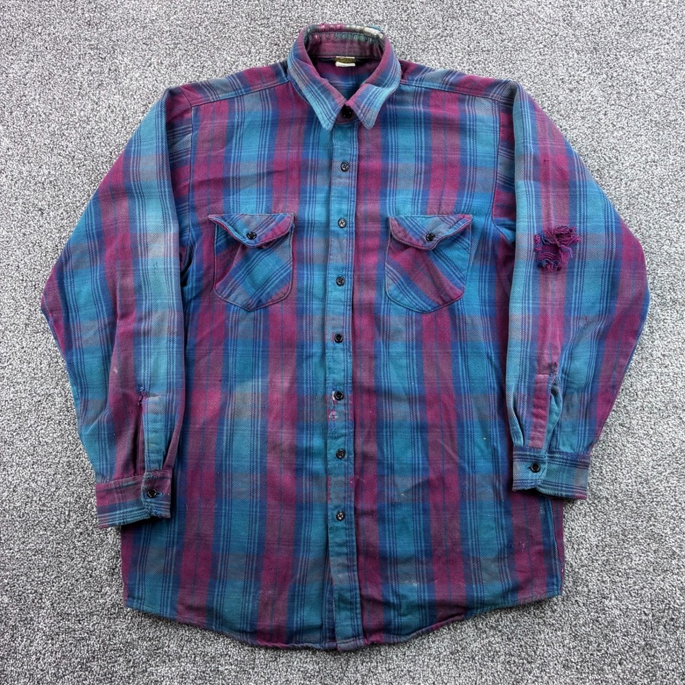 Vintage OshKosh B'Gosh Flannel Shirt Mens XL Teal Magenta Plaid Distressed
